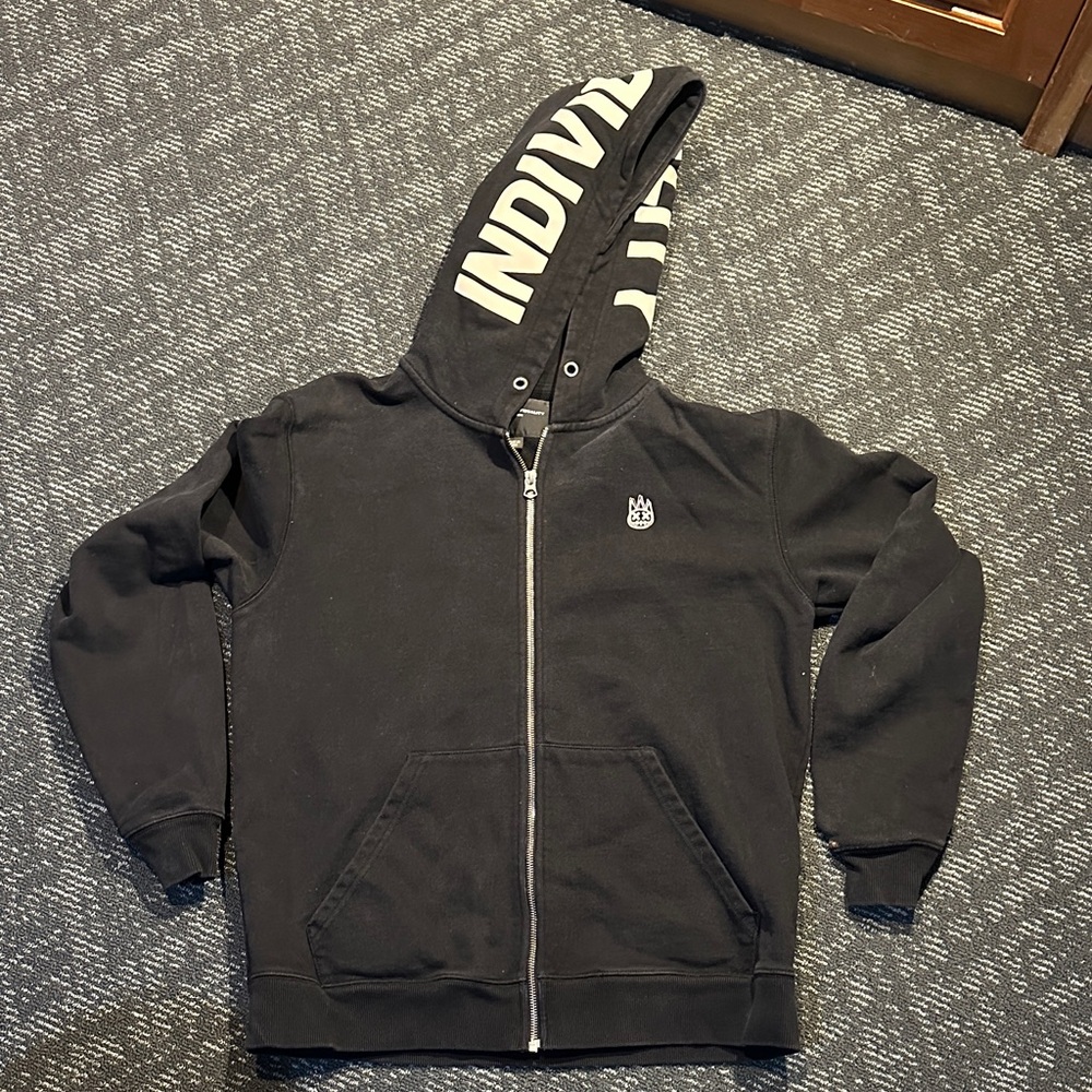 Cult of Individuality Black Zip-Up Hoodie with White Lettering Mens Large